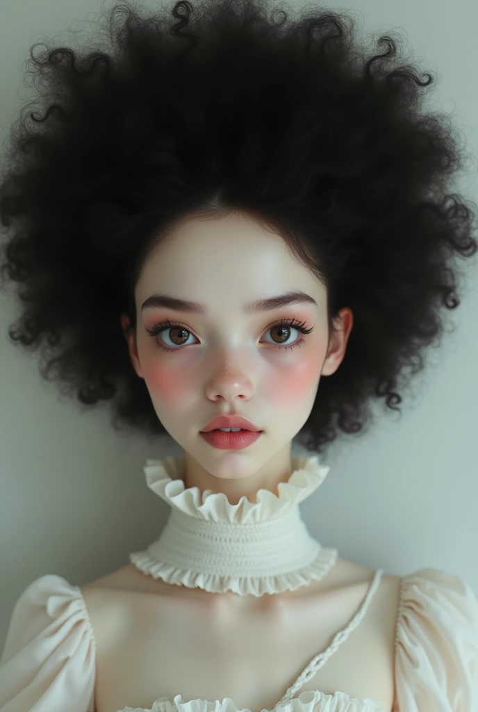 A girl with afro hair with white skin and black hair