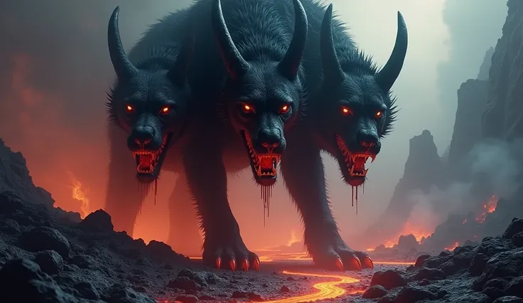 "A dramatic close-up shot of Cerberus, the colossal three-headed dog, standing imposingly on the scorched ground of the Underworld. Each of its three massive heads is vividly detailed: the central head gazes downward, its glowing red eyes locked onto dropl...