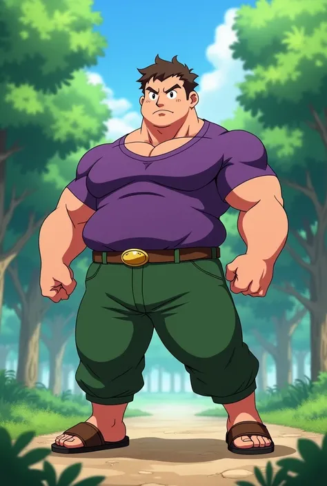 Man, round face, with short thin brown haircut, less chubby, big, muscular, in Anime, wears his purple shirt, with green pants, brown sandals, standing at the park, doing his heroic look