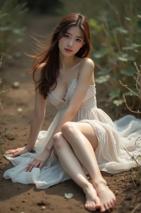 A beautiful korean girl,brown hair,short dress, laing on the ground outside on dirt, full body,showing her feet closer photo 