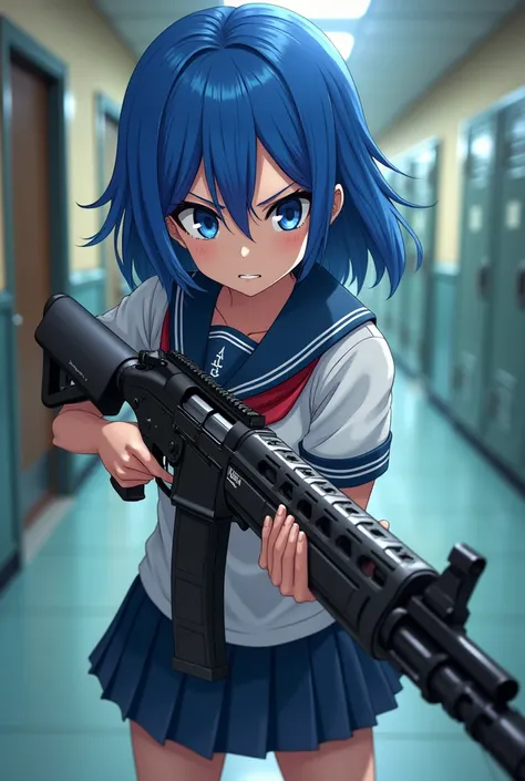  high image quality。 blue hair。 blue eyes。 high school girl。I have a rifle and it says oda。