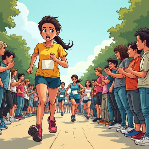 a comic style drawing of :  Steffany is on the starting line along with other runners.  Her face reflects nervousness but also determination .  Her family is in the audience , cheering her up ,  and his older brother Cristian , Steffanys older brother ,  w...