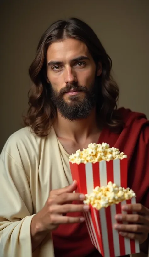 " Jesus Christ in his traditional human form , with long hair and beard,  looking directly at the center of the image with a serene and gentle expression.  He is holding an industrialized popcorn bag in one hand , as if you were about to deliver it . The i...