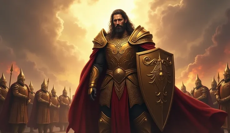 King Llane:**
- **Appearance:** A regal, noble Human with a strong jawline and determined eyes. He has flowing dark hair and a well-groomed beard, exuding kingly authority.
- **Armor and Weapons:** Wears ornate, golden armor with the crest of Stormwind. Ca...