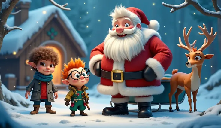  A small, quirky elf ( spiky orange hair, big round glasses, and a green jumpsuit full of tools)  gave  A Santa (large, cheerful man,white hair, a long  beard, blue eyes, a red fur-trimmed coat, black boots, and a golden belt) and A slim, curious ( curly m...