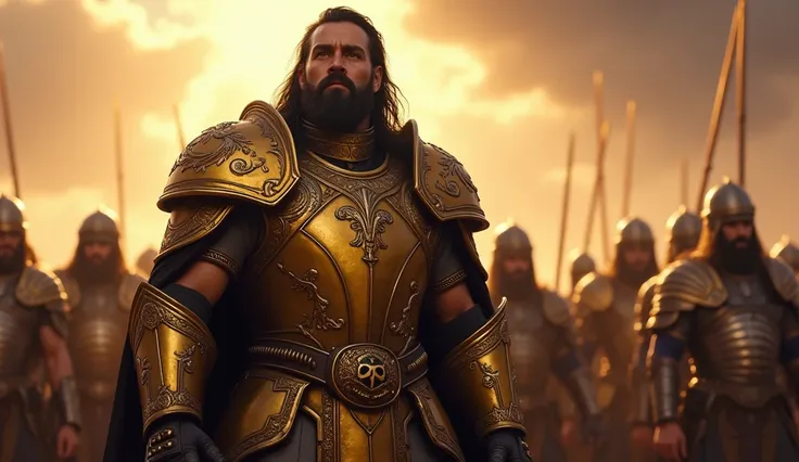 Warcraft Scene:** Action:** The camera focuses on King Llane addressing his troops, inspiring them to stand firm and defend their realm.
- **Lighting:** Bright and noble, with sunlight breaking through dark clouds.King Llane:**
- **Appearance:** A regal, n...