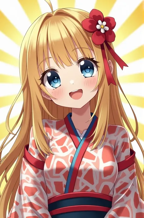 Create a girl in clothes typical for the Japanese ganguro style. She has dark blond hair, light skin and big blue eyes, no bangs, she has straight long hair, she can smile with teeth.I want anime style not realistic!