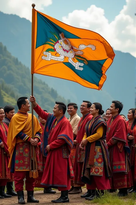 Bhutan men and women holding bhutn flag