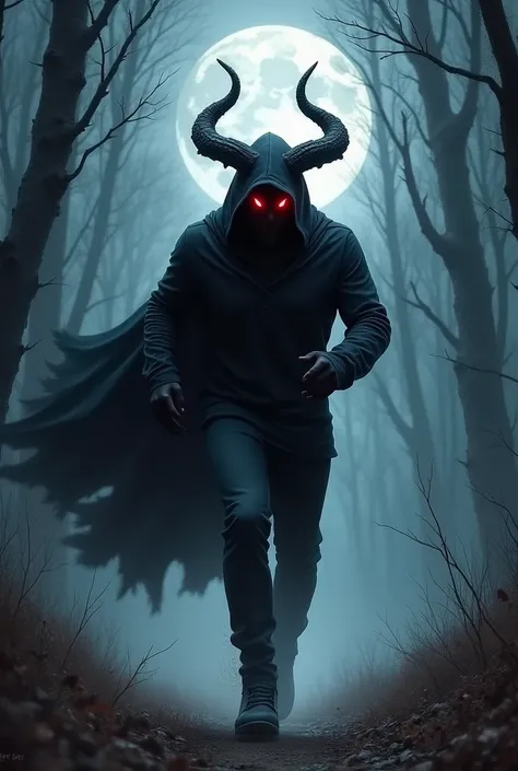 A menacing, hooded figure with a crown of obsidian horns sprinting through a moonlit forest. His black cloak billows behind him, blending seamlessly with the shadows of the night. His piercing red eyes gleam with a malevolent intensity, reflecting the cold...