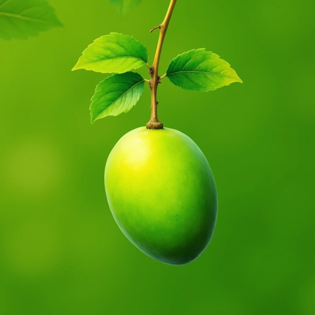 "A fresh, unripe green mango with a smooth, glossy surface. The mango is hanging from a tree branch with a small stem and a few green leaves attached