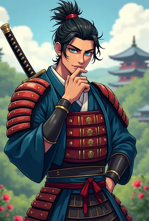 Create a male samurai character with cute anime character traits
 With a pose thinking with your hand on your face

