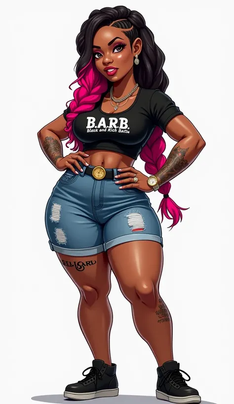 create me a realistic doll like cartoon image of a brown skin woman in a black crab top blouse with this written on it B.A.R.B and beneath that it says black and rich barbe a blue jeans short shorts and a black sneakers and her shades black and her hair br...