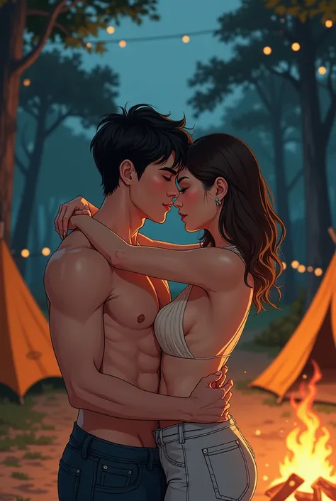 Female 1,Man 1,Hug, Undress,In the camp, ,Manhwa