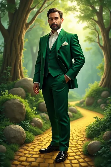 A 30 year old Italian man with dark brown hair and brown eyes. He has a large forehead and some facial hair. He has a long face and slightly chubby. He is wearing a green emerald silk suit with white socks showing with black loafers.Behind him is a beautif...