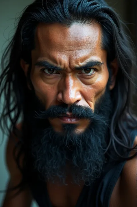 Close upLong Hair Thai Man Face Scary Face Mustache Thick Beard Full Face