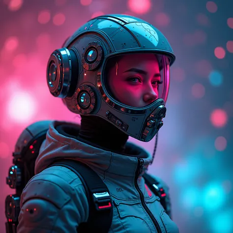 a cyberpunk humanoid woman with a shiny reflective glas mask, intricate shiny mechanical neon color high tech components visible on her space suit, neonpunk, looking mysteriously at the camera, direct eye contact. a scanner scans the viewer, jjabrams lens ...