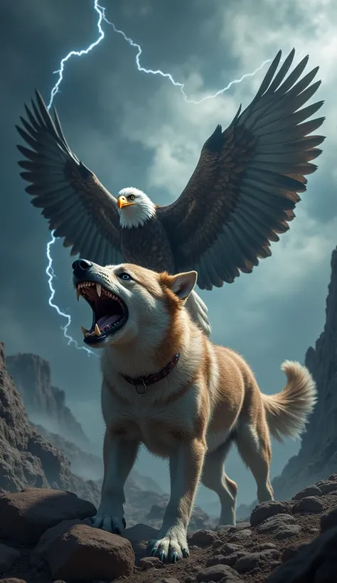 create 32k ultra-fantasy image of a dog and an eagle, each in their original, unaltered forms but placed separately in the same frame in a fierce and dangerous scene. The dog is snarling, showing its sharp teeth and massive frame, its eyes locked with inte...