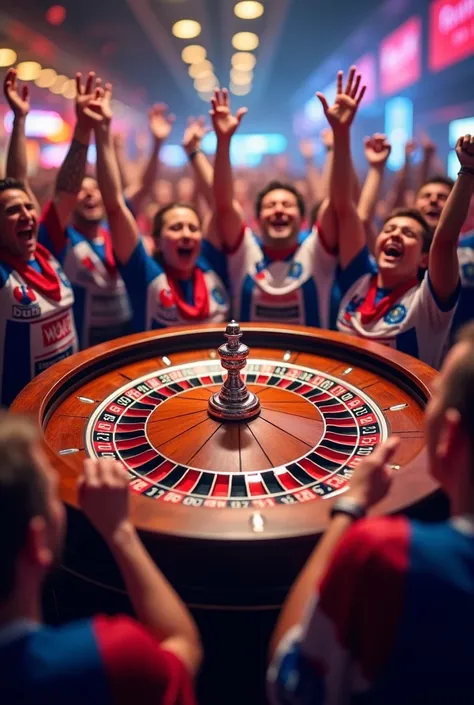 Picture where a winning roulette wheel is found in the center stop, surrounded by fans of the Cuenca sports club 