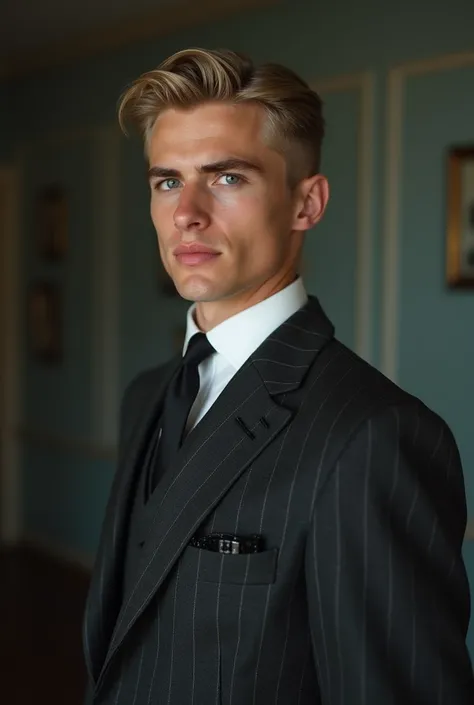 Caucasian blond man, 25 years old. Wearing a dark grey suit from the 1920s.