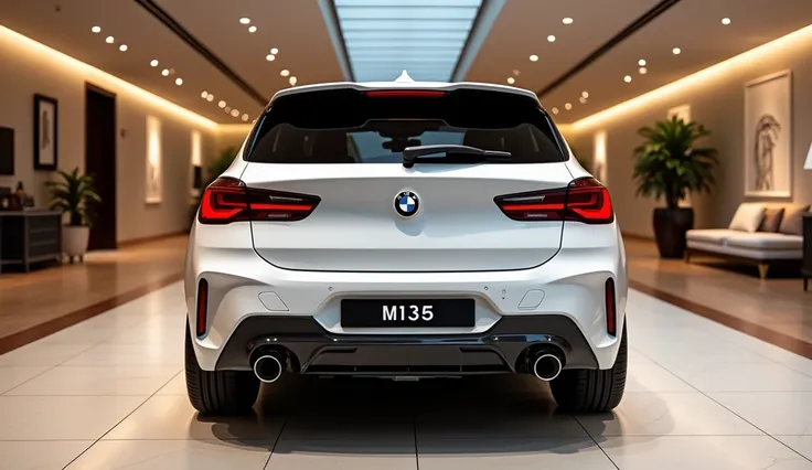 Rear 3D view of 2025 white BMW M135 in beautiful and luxury showroom. "M135" written on license plate 