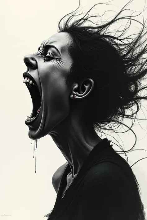 Black and broken drawing of a woman screaming from the side  