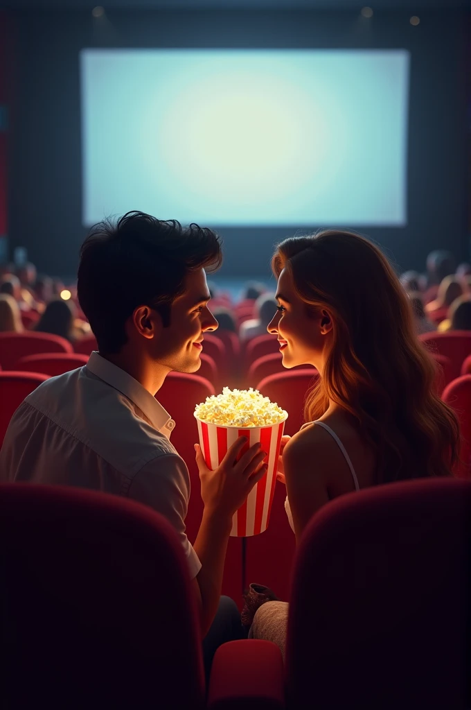 A couple eating popcorn at the movies