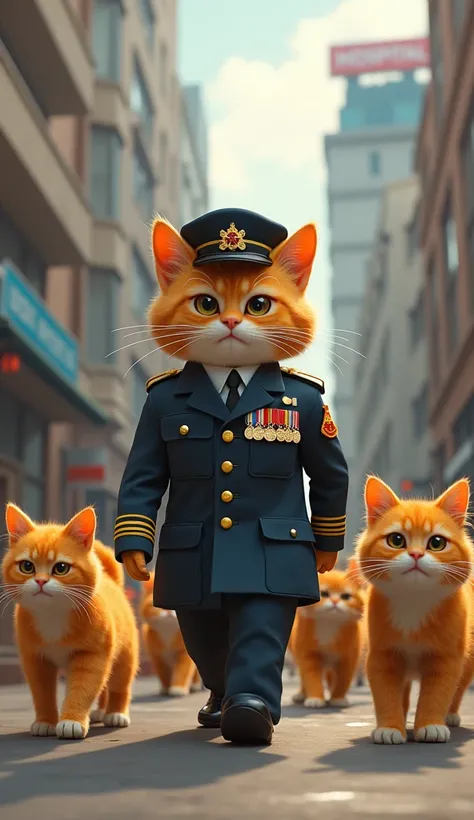 Cat in a military uniform takes the little orange cats to the hospital