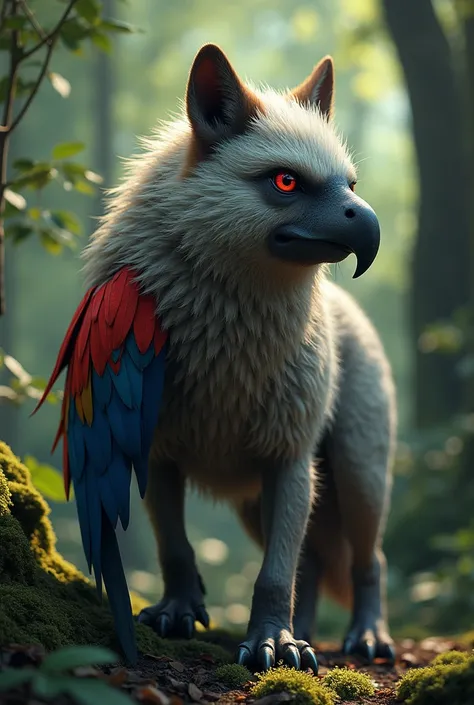 Make me an animal that combines their DNA, wolf and parrot, one red eye and blue eye