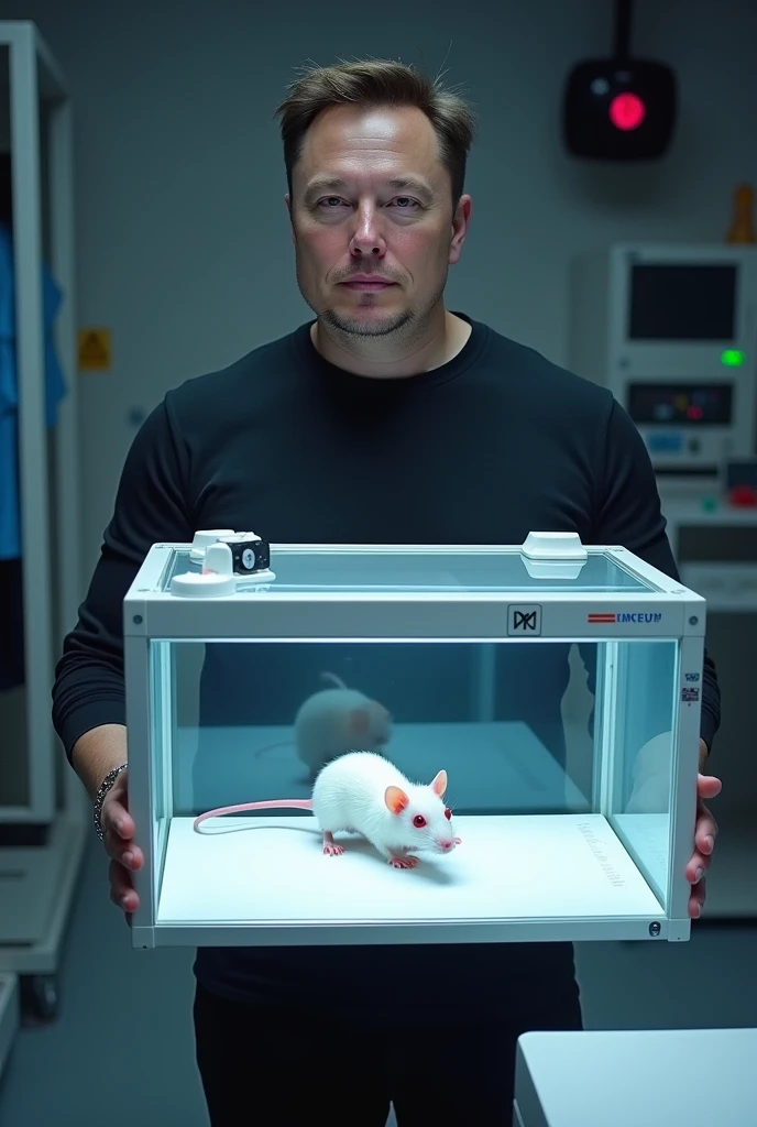 Elon Musk presenting a vivarium with a small white red-eyed lab mouse in it