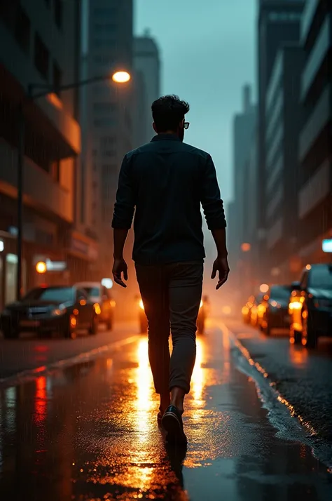 Actor Vijay walking on street at night on rainy day. A street light on his back side 