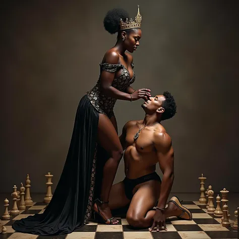 a sexy black queen statue fucking a white king statue on a chessboard , sex, erect penis, side view, view from side, interracial