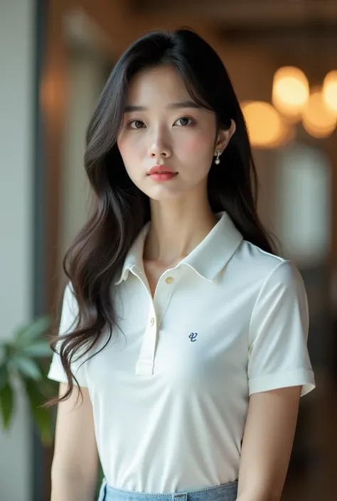 A Korean woman wearing a golf outfit, upper body