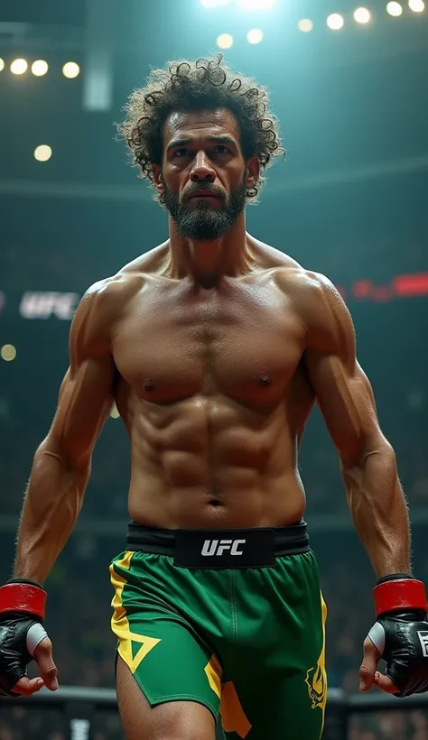 
“A highly realistic, full-body cinematic shot of an older, yet fit UFC fighter with iconic, curly hair and a powerful build, resembling Pelé. He’s dressed in green and yellow fight gear that echoes Brazil’s football uniform, exuding confidence and experie...