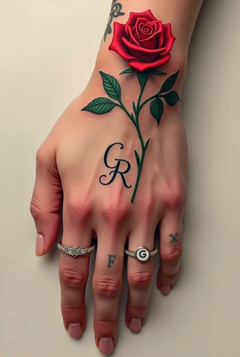 Just one hand, showing two fingers ✌️, two dimond ring alphabet with G, R, full hand tattoo, Rose just one buds of rose in dark red colour, highly detailed description extremely detailed illustration award winning, best Quality HD wallpaper high quality wa...