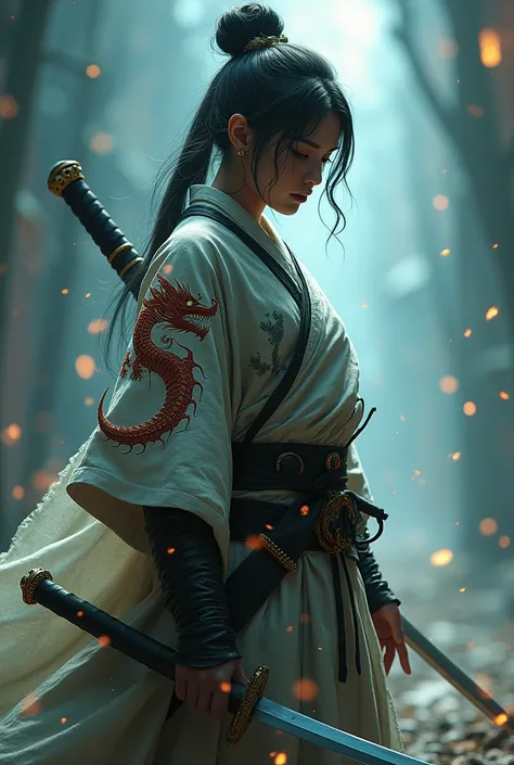 The image depicts a character holding a katana, dressed in a traditional yet stylized outfit with a dragon motif. The visual elements suggest a blend of historical Japanese culture with fantasy or modern artistic interpretations. The characters attire and ...