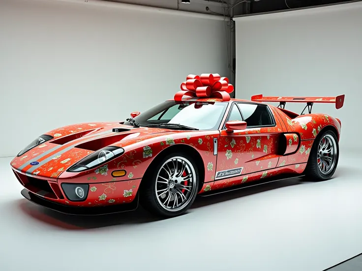 create a 2005 ford gt covered in gift wrap car cover in a studio environment