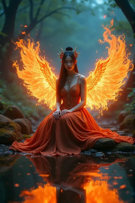  a korean woman looking towards the camera wearing a flaming ornate dress and a flaming tattoo and wings with flaming ornaments,  there is a large inscription made of blue flame of Fire  "Tyta Thelittle COP GROUP "On, sitting on a rock ,  The warm light fr...