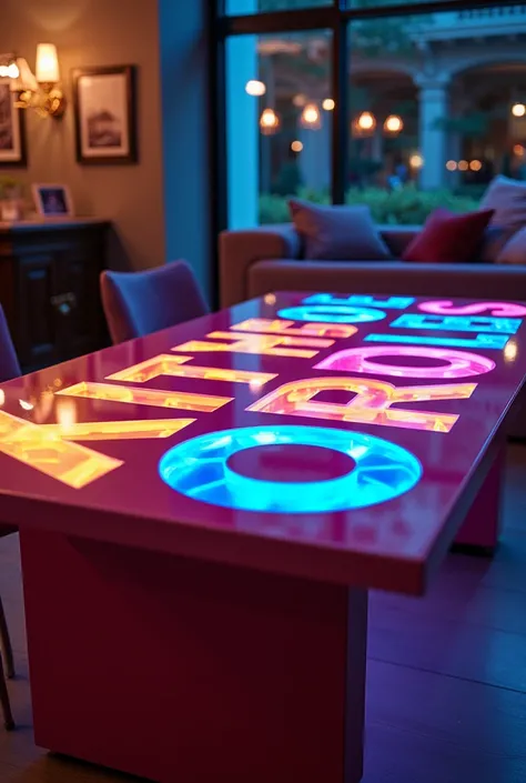 I want a table with large letters cut out on a surface, which would be reflected as a typography containing bright colors
But let it be seen that it is a nice table