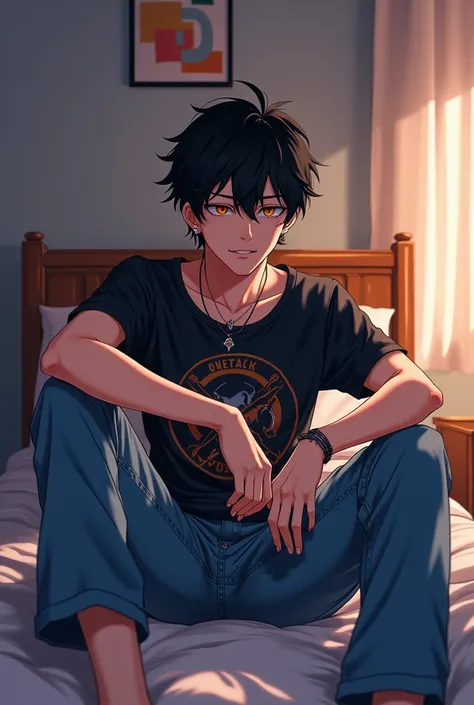 Anime painterly like semi-realistic style, adult male, sitting at his bed on his bedroom, wearing graphic band tshirt, jeans, piercings, black hair. Bold lines, soft brush strokes. Leaning on his elbows