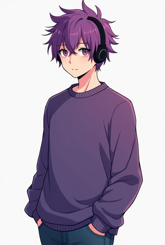  make a manga panel in which a person who has purple hair with a purple sweater and the tips of the sweater being spikey pink with jeans and is a sixteen year old boy who is wearing plain black headphones