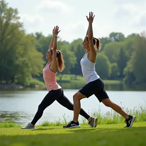 Actor and actress on a lawn, on the edge of a lake, doing stretching exercises . 20 to 25 years old.  Realistic image and real human proportions .  high resolution and photographic quality . real setting .
