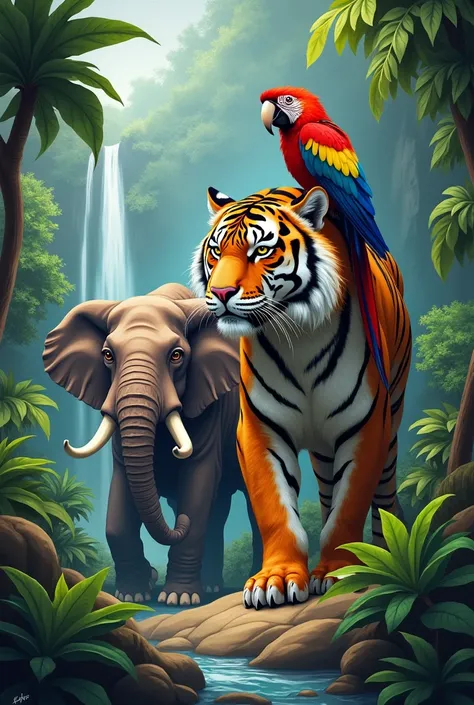 "In a dense jungle setting, envision a vibrant and colorful parrot perched atop a majestic tigers back while a wise old elephant gently watches over them. Each animal radiates its unique strength and grace against the backdrop of lush green foliage and cas...