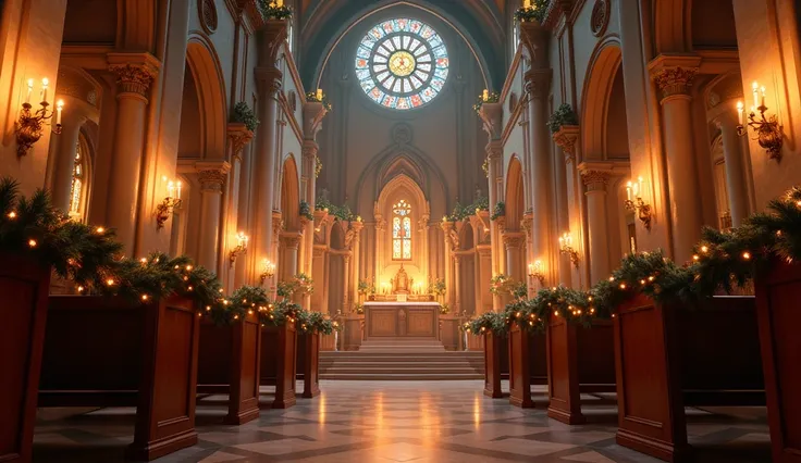 A serene church interior decorated for Christmas, with candles burning softly.
