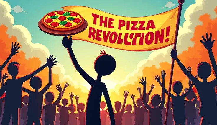 A colorful rally scene with a stick figure passionately holding a pizza with pineapple, while a banner in the background reads The Pizza Revolution, symbolizing exaggerated importance."