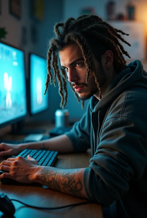 Create a male character with dread in his hair by playing video games