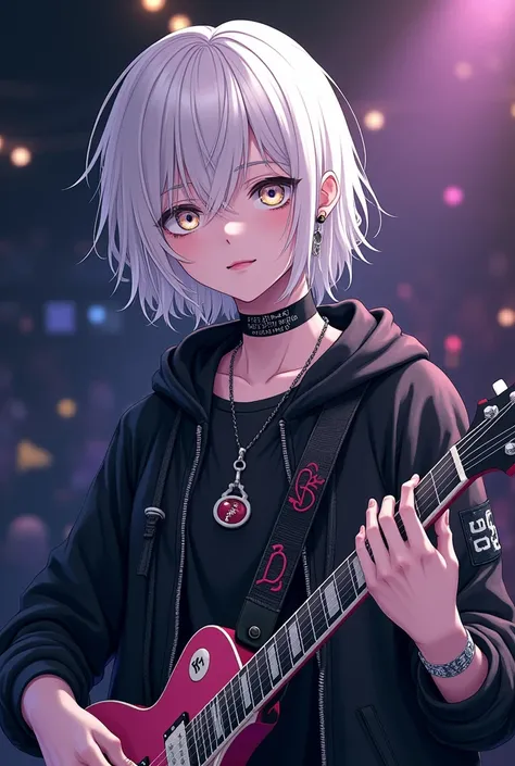 The hair is beautiful white 。 The hairstyle is smooth with layers 。Focus on the sense of unity 。Make it an odd-eye with three white eyes。 and paint it in a thick, pale anime style、 play the electric guitar 。Im in my 20s and wear punk clothes。Put facial pie...