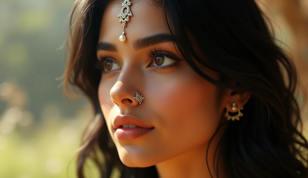 An ultra-realistic close-up of Menaka’s face, emphasizing her ethereal beauty. Her golden-hued skin appears flawless and radiant under a soft natural light. Her deep, kohl-lined eyes have a magnetic allure, exuding both mystery and wisdom. Her glossy black...