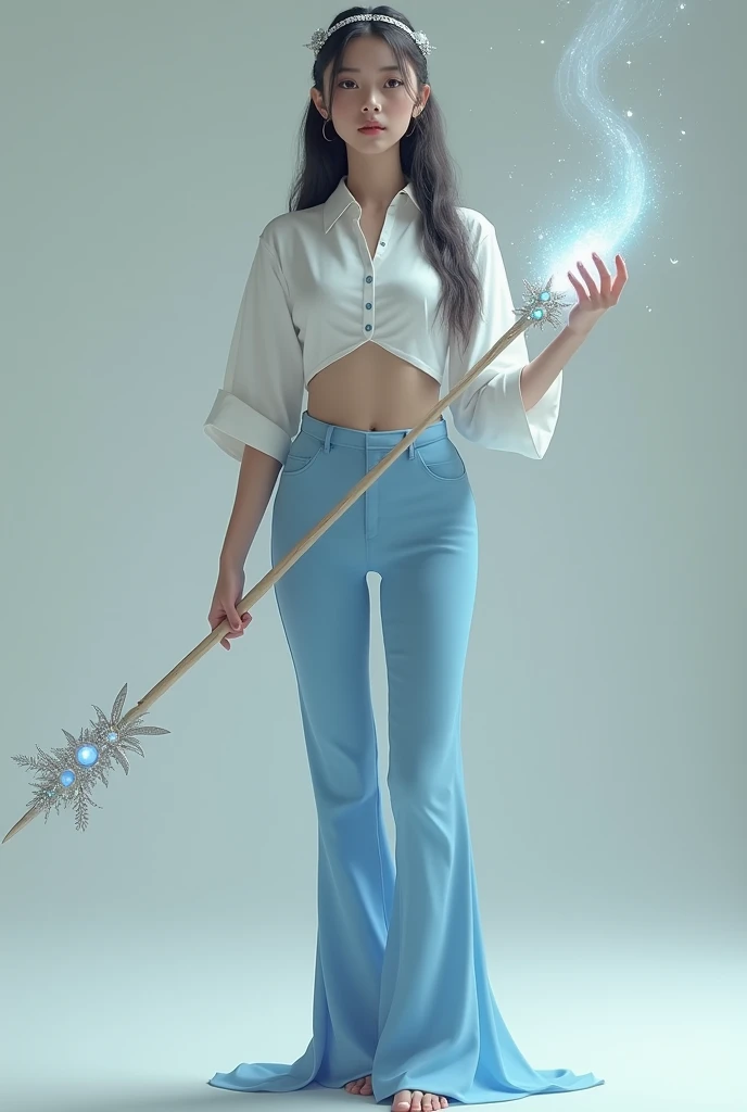 A woman wears blue pants short white shirt ,  with a strap on her head and a white magic stick with gems 