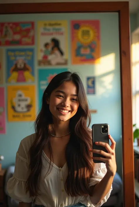  A young woman with long, dark hair and a radiant smile stands in a cozy, well-lit room. She is positioned in front of a large mirror, capturing her reflection with a smartphone. The room is adorned with a variety of colorful posters on the wall, each depi...