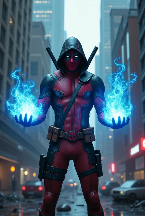 Deadpool wearing black hoodie ,  holding BLUE fireballs in each of his hands,  against the backdrop of a destroyed city and raining, 4K and ultra realistic 